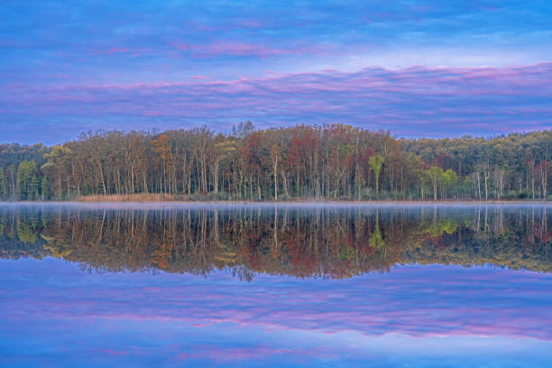 Spring landscape at dawn of the shoreline of Deep Lake in fog with light dusting of snow, Yankee Springs State Park, Michigan, USA