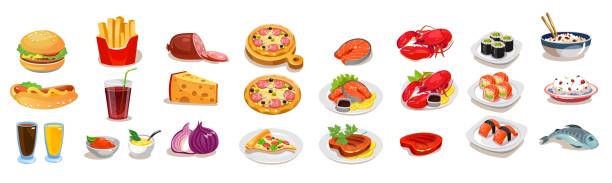 illustrations, cliparts, dessins animés et icônes de jeu d’icônes de restauration rapide. aliments vectoriels sur fond blanc pour la conception de menus ou de jeux - food rice lobster scampi