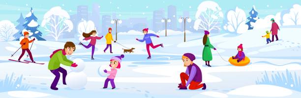사람들은 눈이 내리는 겨울 공원에서 즐거운 시간을 보내고 있습니다. 계절별 야외 활동 - playground snow winter little girls stock illustrations