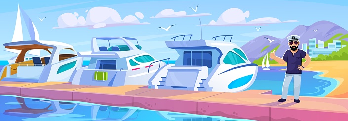 Vector illustration of a yacht club marina landscape. A captain on a pier in flat cartoon style. Sea travel and fishing background design. Beautiful coastal scene with ships in a sailing school.
