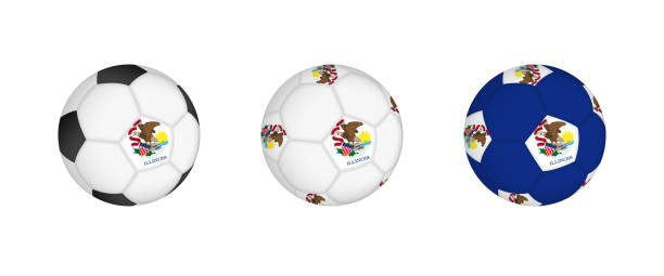 collection football ball with the illinois flag. soccer equipment mockup with flag in three distinct configurations. - madrider fußball heute 幅插畫檔、美工圖案、卡通及圖標