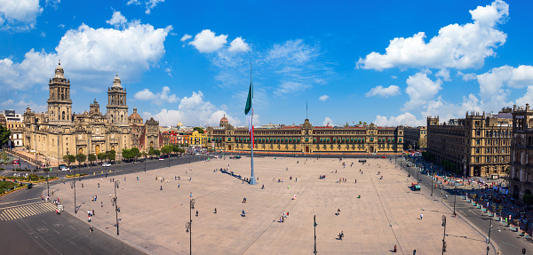 Zocalo Constitution Square in Mexico city, landmark Metropolitan Cathedral and National Palace.