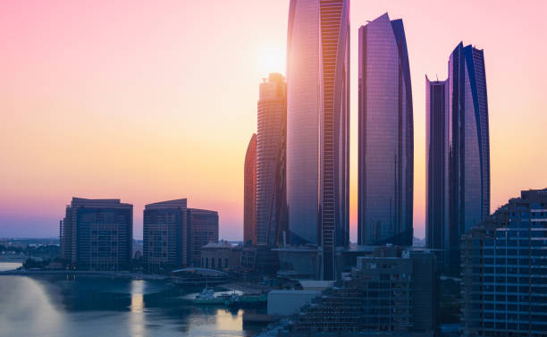 UAE, United Arab Emirates, Abu Dhabi waterfront downtown marina and coastal panorama and skyline stock photo