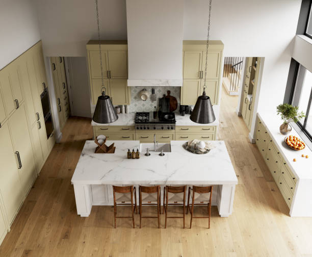 istock The project of a classic kitchen with a panoramic window. 1488143446