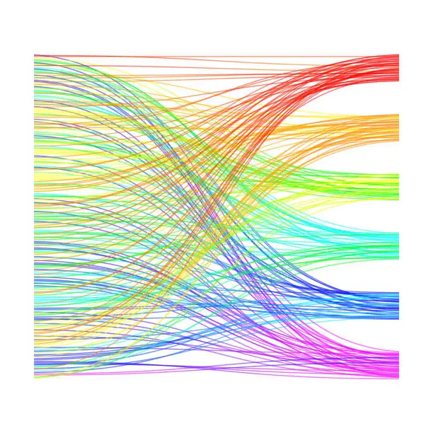 Vector illustration of Multi colored random data ordered into five lanes
