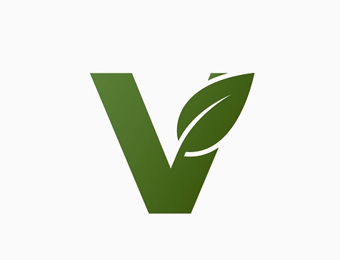 small letter v with leaf. creative alphabet logotype. nature and environment design element. isolated vector image in simple style
