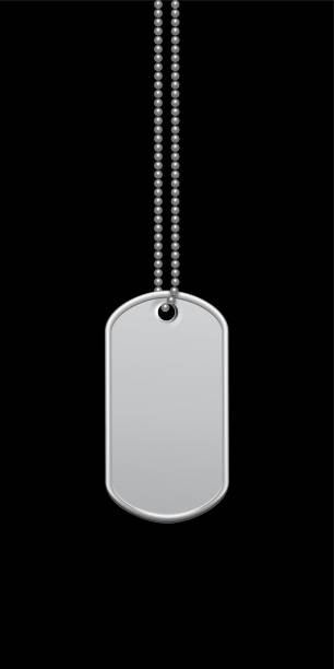 istock Empty ellipse steel military or dogs badge hanging on chain. Vector army object isolated on black background. Pendant with blank space for identification, blood type in case of death and injury 1488145047