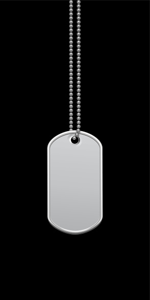 Empty ellipse steel military or dogs badge hanging on chain. Vector army object isolated on black background. Pendant with blank space for identification, blood type in case of death and injury.