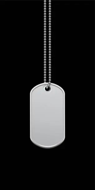 Vector illustration of Empty ellipse steel military or dogs badge hanging on chain. Vector army object isolated on black background. Pendant with blank space for identification, blood type in case of death and injury