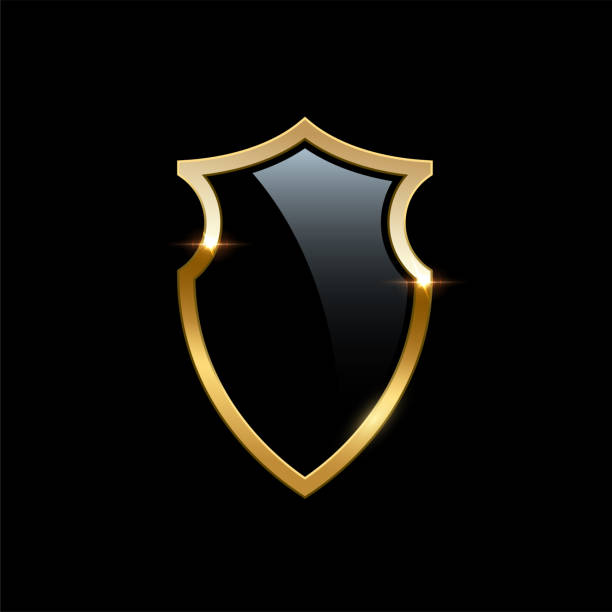 istock Glass shield with gold frame, metal heraldic emblem vector illustration. Retro luxury element with shining sparkles. Heraldry insignia, antique golden decor on black background 1488145087
