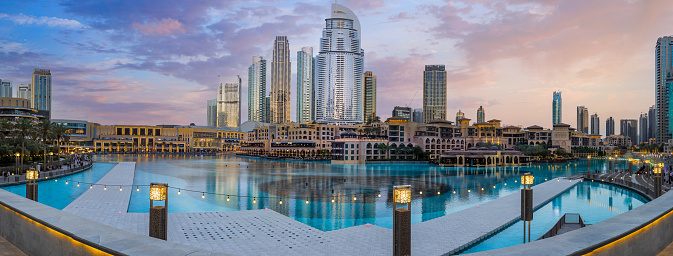 UAE, Dubai panoramic view of city downtown, Dubai Mall and Dubai Fountain.