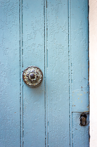 Lyon, France: Old Pale Blue Door With Ornate Knob