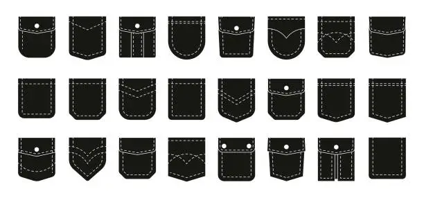 Vector illustration of Black pockets. Fabric and denim cloth pocket cutout for sewing, textile patch silhouette fashion design. Simple vector pants element collection