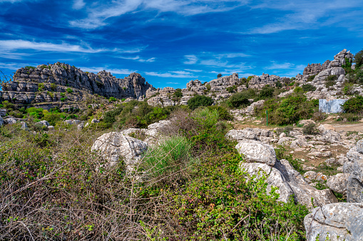 Karst landscape of Torcal de Antequera in Andalusia. Large valley with Mediterranean vegetation surrounded by vertical limestone rock walls