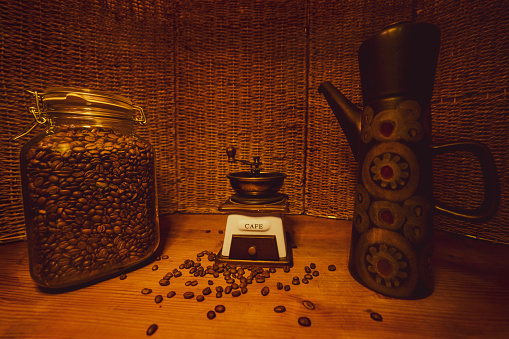 jar with coffee beans on the wooden table