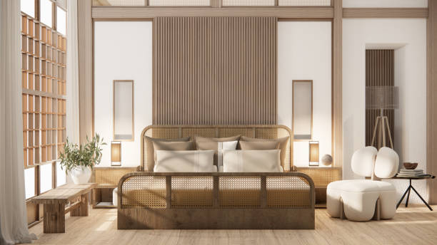 Minimalist wabi sabi interior mock up design, room muji sytle. 3D rendering.