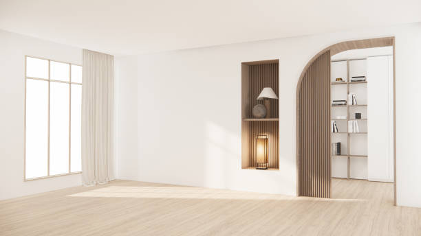 istock Architecture and interior concept Empty room and wood panels wall background 3D illustration rendering 1488153478
