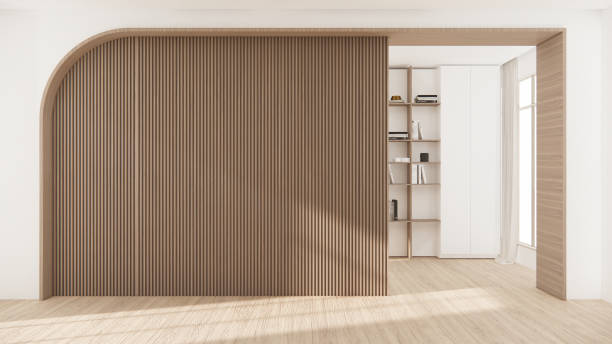 istock Architecture and interior concept Empty room and wood panels wall background 3D illustration rendering 1488153647