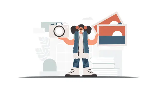 Vector illustration of The never-ending woman holds a camera and photos in his hands. The concept of rest and travel. Trendy style, Vector Illustration
