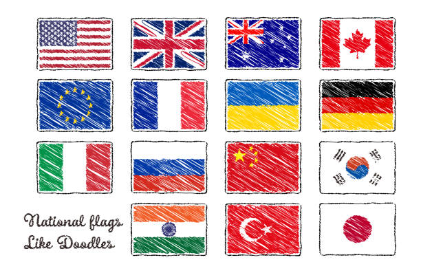 Illustration set of national flags with hand-drawn touch, like children doodling Illustration set of national flags with hand-drawn touch, like children doodling italy flag drawing stock illustrations