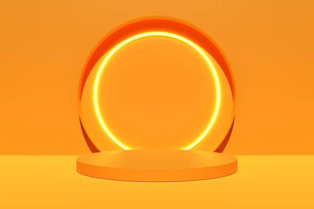 istock Orange colored background with glowing lights and geometric shapes. Product display mockup. 1488160436