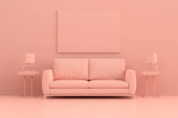 istock Mock up empty or blank poster frame on a pink wall background with sofa, floor lamp and decorative plants. 3D Rendering Pink interior room space. 1488160756