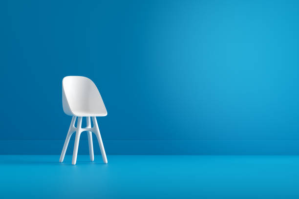istock Modern white plastic chair standing in interior empty blue room with copy space. 3D Render. 1488161170