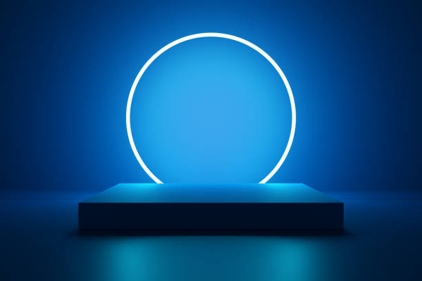 istock Neon background with glowing lights and geometric shapes. Product display mockup. 1488161253