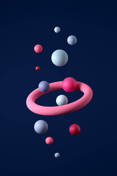 istock Abstract blue and pink spheres falling through a ring. Science and technology abstract wallpaper background. 3D rendering. 1488161445