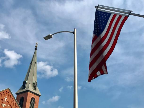 istock Church spire and American flag, Boston 1488163195