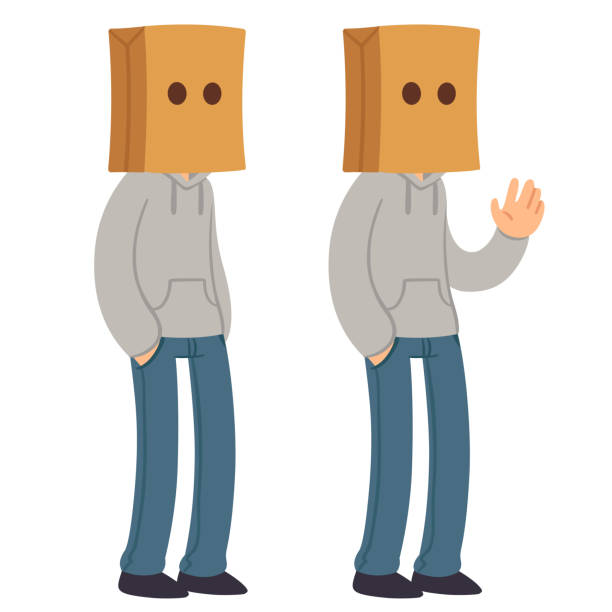 Cartoon anonymous character with paper bag on his head Cartoon character wearing paper bag on his head. Anonymous hiding face behind mask. Vector illustration. embarrassment unrecognizable person wearing a paper bag human head stock illustrations