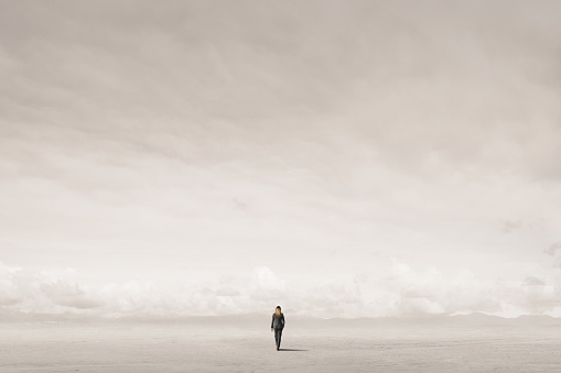 A lone woman walks toward the distant horizon. The scene evokes an emptiness and loneliness that is magnified by the stark and barren nature of the surroundings.