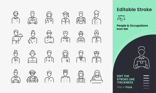 People and Occupations Stroked Vector Icon Set People and Occupations Icon collection containing 24 editable stroke icons. Perfect for logos, stats and infographics. Edit the thickness of the line in any vector capable app. 999 call center stock illustrations