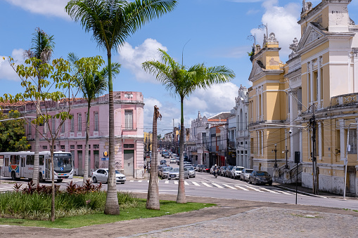 Joao Pessoa, Paraíba, Brazil - April 14, 2023:Historic and colorful buildings in Vicente Navarro town square, João Pessoa downtown