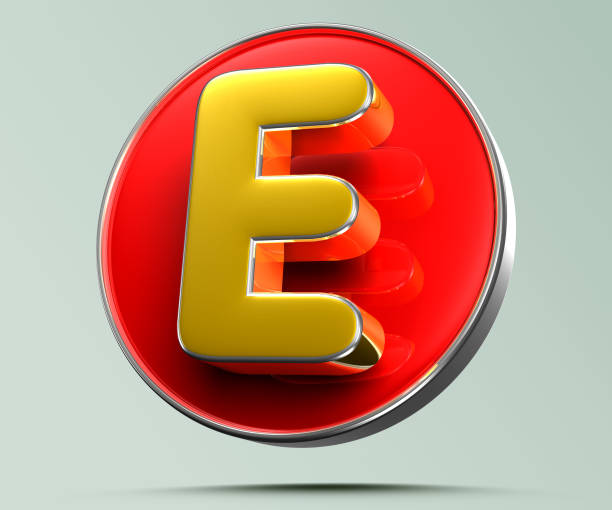 istock Letter E golden yellow in red circle 3D. 1488175476