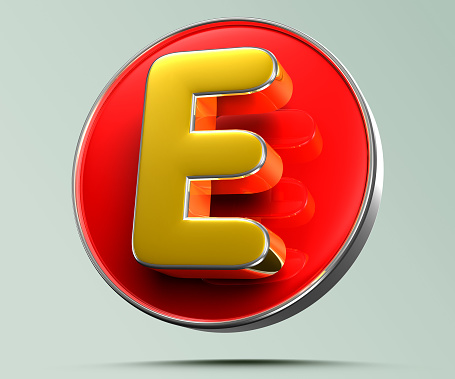 Letter E golden yellow in red circle 3D illustration on light gray background have work path. Advertising signs. Product design. Product sales. Product code.