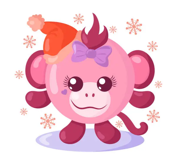 Vector illustration of Funny cute kawaii monkey with Christmas hat and round body surroundet by snowflakes in flat design with shadows