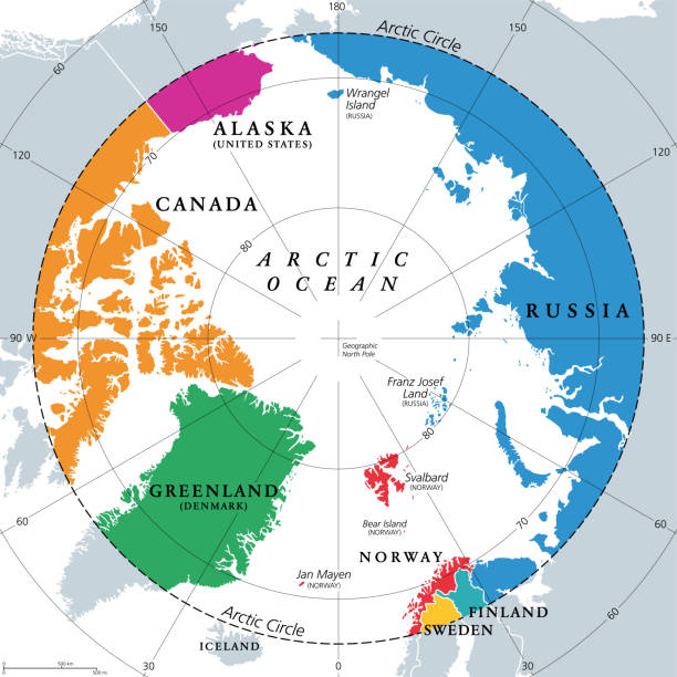 länder innerhalb des polarkreises, länder der arktisregion, politische karte - arctic stock-grafiken, -clipart, -cartoons und -symbole