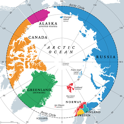 Countries within the Arctic Circle, political map. Countries within about 66 degrees north the Equator and North Pole. Alaska (U.S.), Canada, Finland, Greenland (Denmark), Norway, Sweden and Russia.