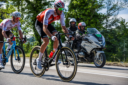 Chieti, Italy - 07 May 2023: Leading group downhill from Chieti during the stage 1 race of the 106th Giro d'Italia