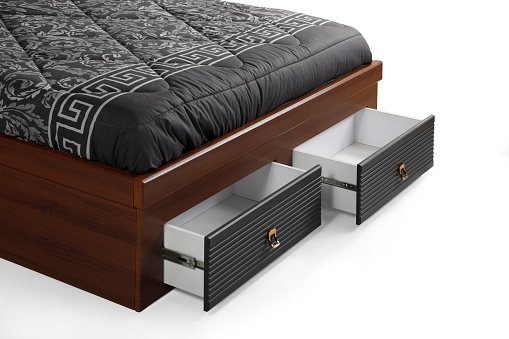 close up open drawer of the bed . white background