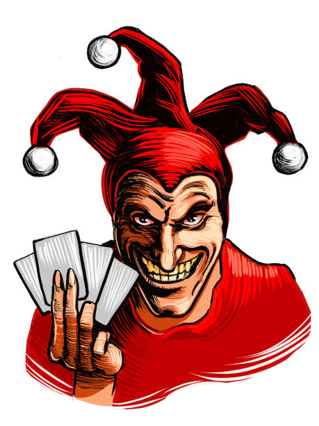 böser narr mit spielkarten - jester circus gambling bizarre stock-grafiken, -clipart, -cartoons und -symbole