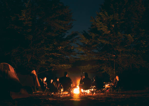 The group of young people are sitting around the bonfire and talking and singing songs stock photo