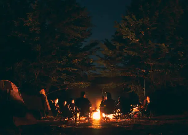 The group of young people are sitting around the bonfire and talking and singing songs