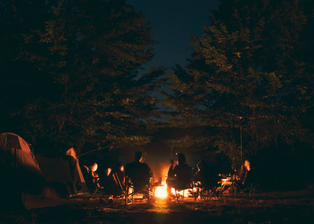 the group of young people are sitting around the bonfire and talking and singing songs - campfire imagens e fotografias de stock