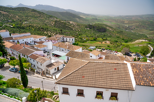 Zahara de la Sierra, Spain - April 9, 2023: Beautiful medieval city streets and white homes of the Pueblo Blanco.