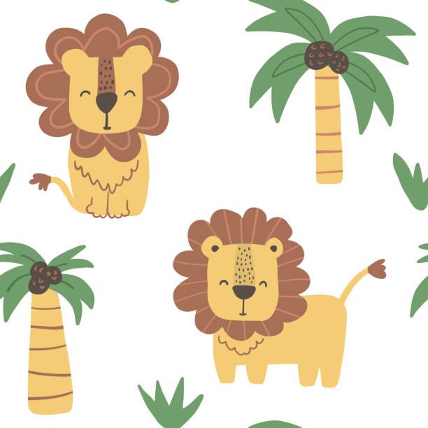 illustrazioni stock, clip art, cartoni animati e icone di tendenza di colore vettoriale disegnato a mano senza cuciture ripetendo modello carino infantile con leoni in stile scandinavo su uno sfondo bianco. - safari animals asia palm tree animals in the wild