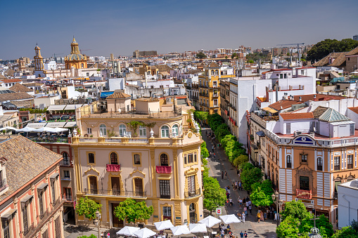 Seville, Spain - April 10, 2023: Aerial view of Sevilla skyline, Andalusia.
