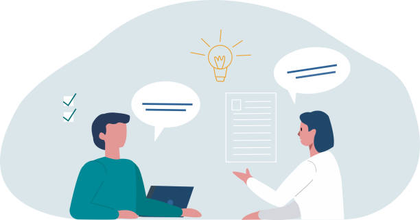 Female patient with psychologist or psychotherapist. Psychotherapy session vector. Female patient with psychologist or psychotherapist. Psychotherapy session. mental health, depression. flat vector cartoon character illustration. Speech icons above the people, psychotherapist have laptop. There is light bulb in the middle of the picture. They are talking. awareness and education stock illustrations