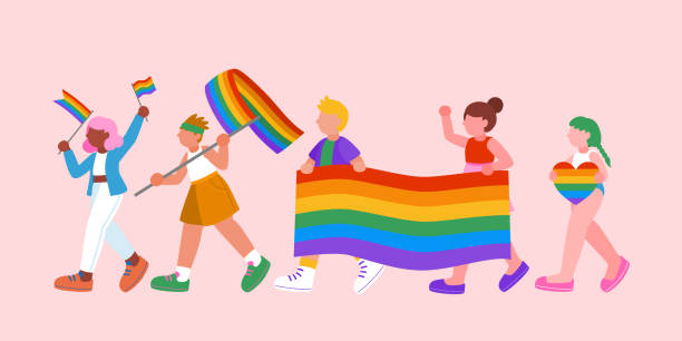 ilustraciones, imágenes clip art, dibujos animados e iconos de stock de desfile de la comunidad lgbtq + con bandera del arco iris, celebración del mes del orgullo, ilustración vectorial - rainbow gay pride homosexual homosexual couple